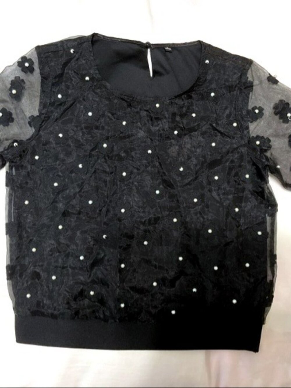 Black Sheer Floral Embroidered Blouse Pearl Bead Detail Fits Like XS NWOT